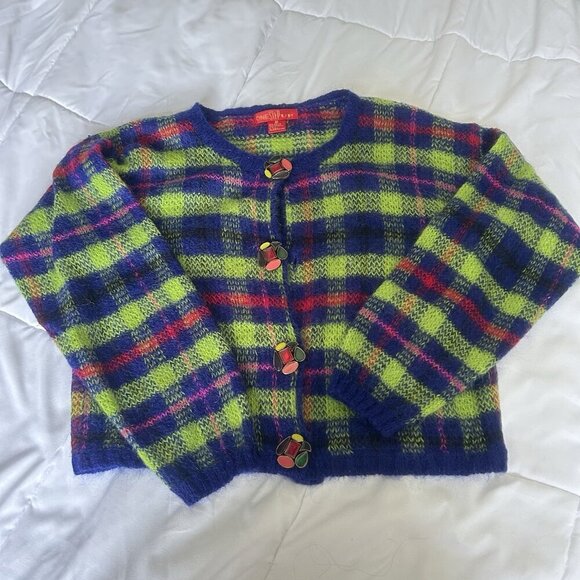 One Step Up Sweaters - Vintage One Step Up Womens Medium Plaid Cardigan Stain Glass Buttons Green